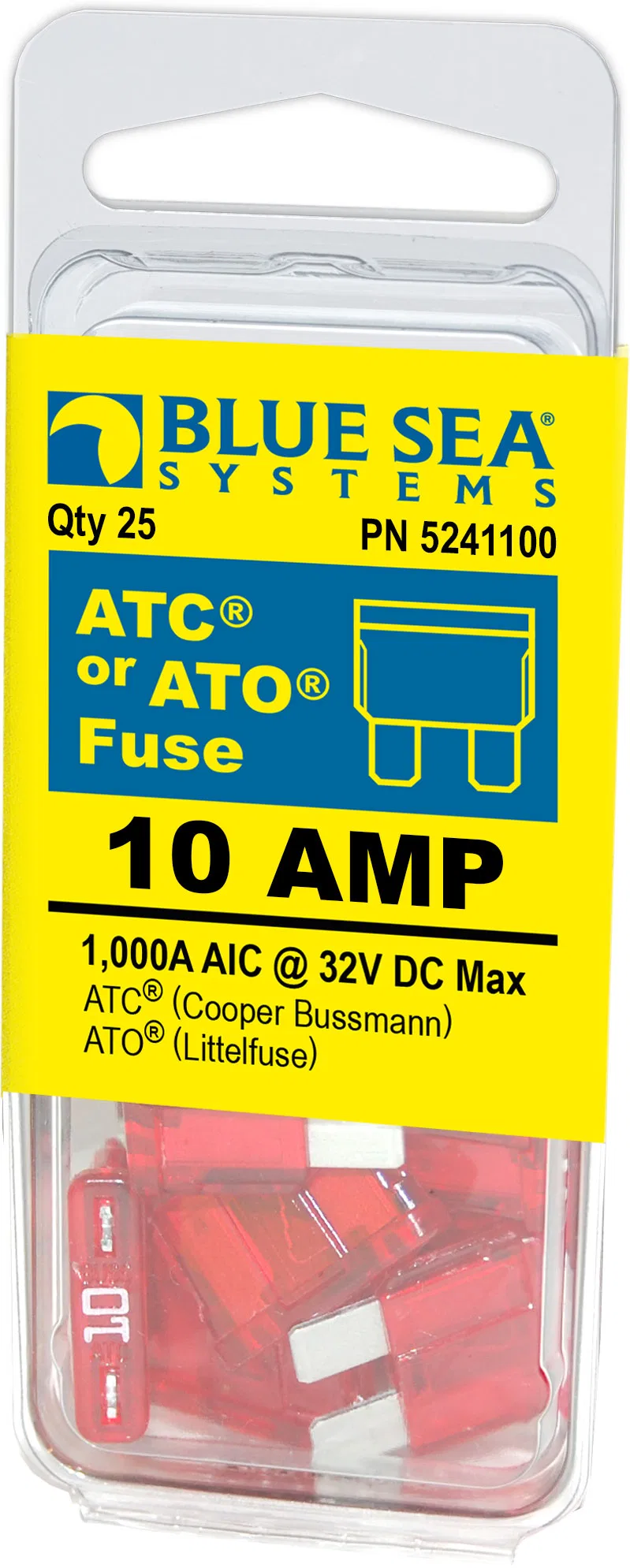 5241100-BSS – BLUE SEA Fuse, Blade Fuse ATO/ ATC 10 Amps/ 32 Volts DC Pack Of 25